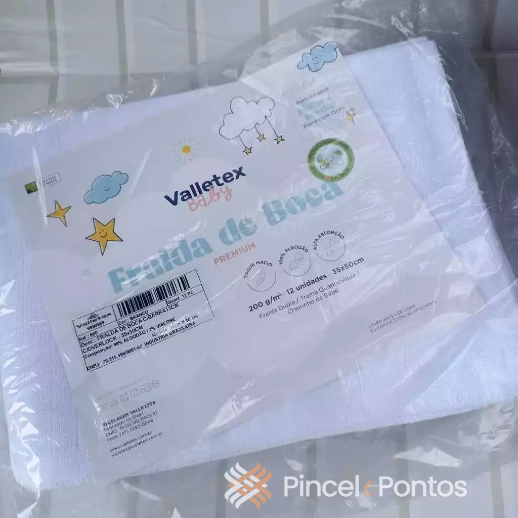 Fralda de Boca para Pintar e Bordar Branca com Overlock e Barra 13 cm Valletex